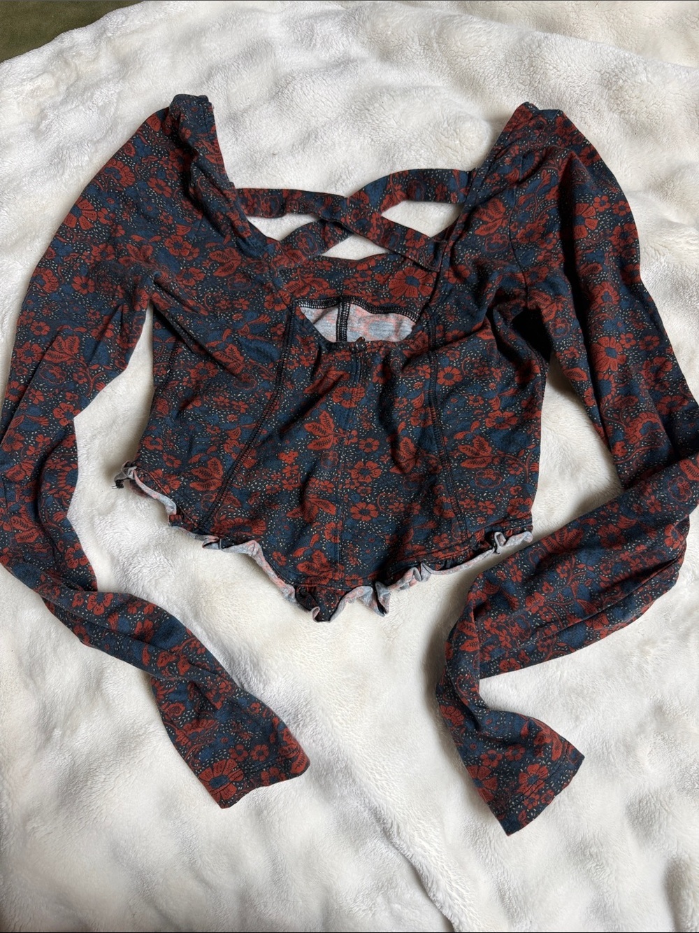 Free People Teal and Rust Floral Long Sleeve Cropped Top with Crossback - Picture 7 of 8